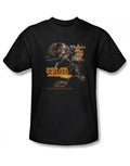 Monty Python Tim the Enchanter graphic on a black adult t-shirt.