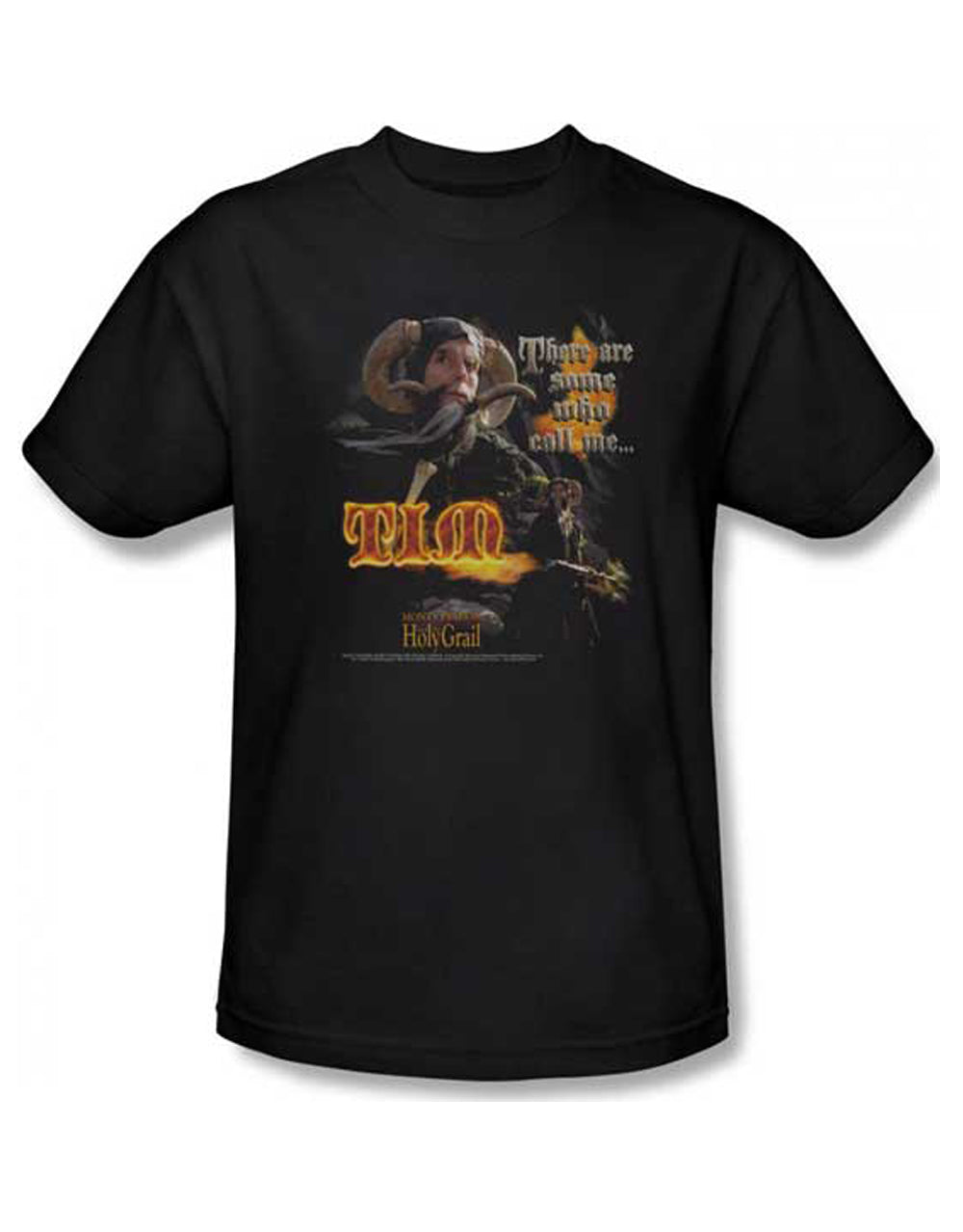 Monty Python Tim the Enchanter graphic on a black adult t-shirt.