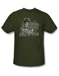 Monty Python dirty Hungarian phrase graphic on a military green adult t-shirt.