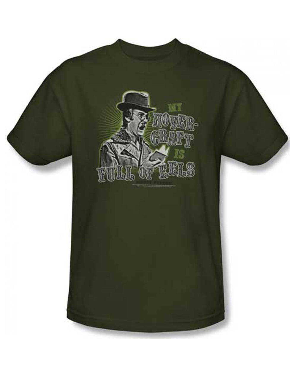 Monty Python dirty Hungarian phrase graphic on a military green adult t-shirt.