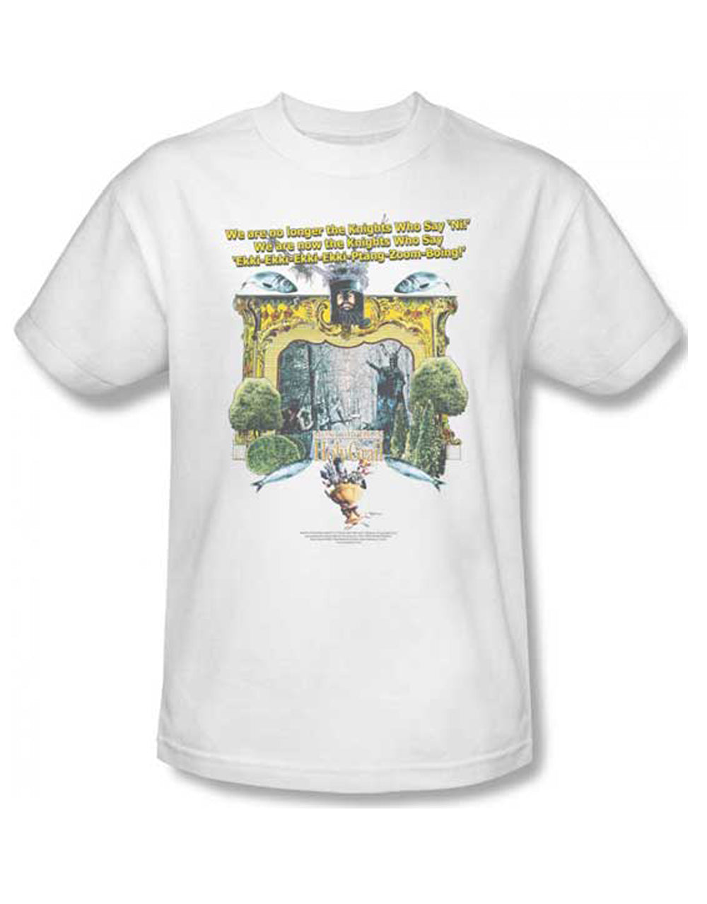 Monty Python knights of Ni graphic on a white adult t-shirt.