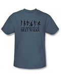 Monty Python silly walk graphic on a slate grey adult t-shirt.