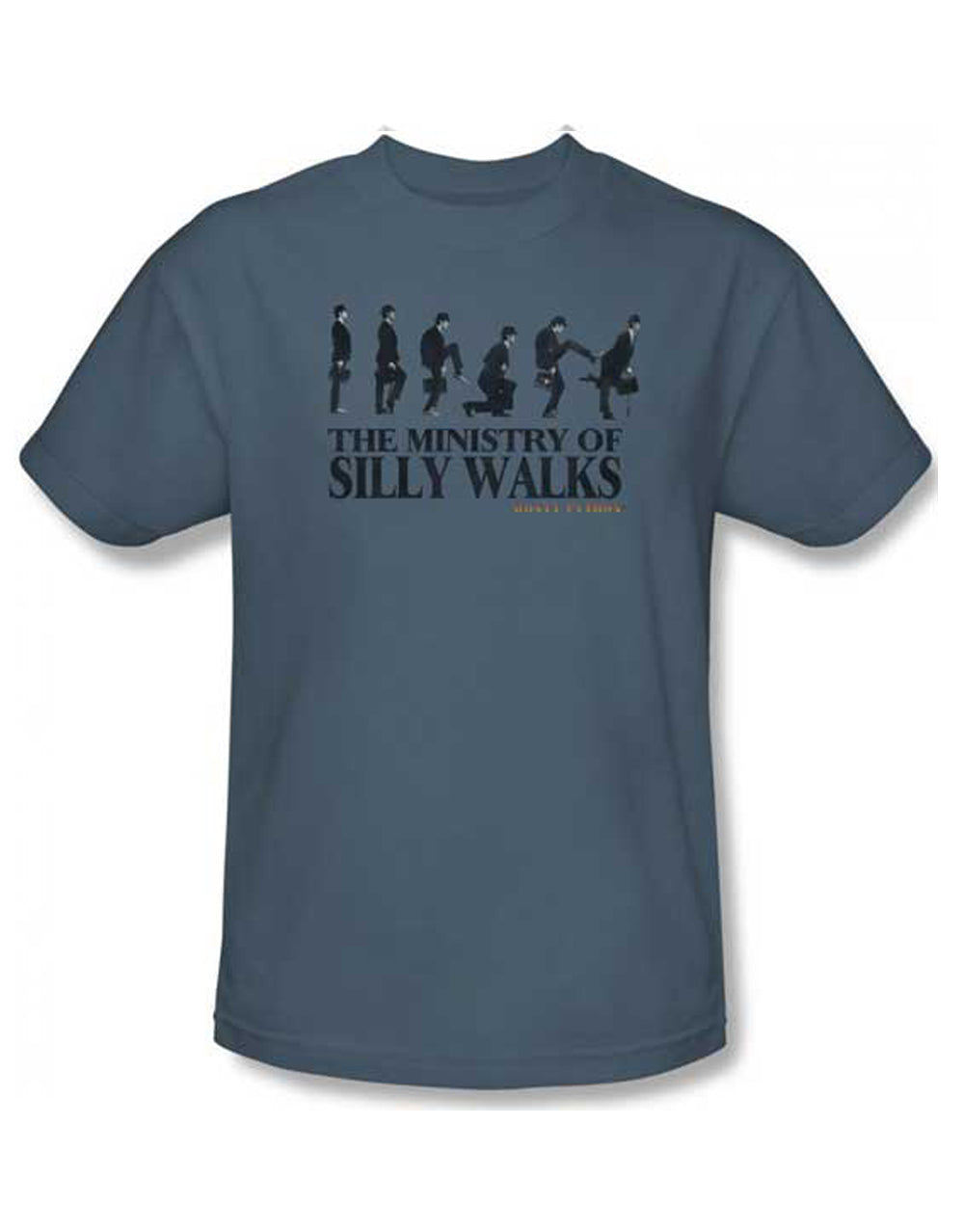 Monty Python silly walk graphic on a slate grey adult t-shirt.