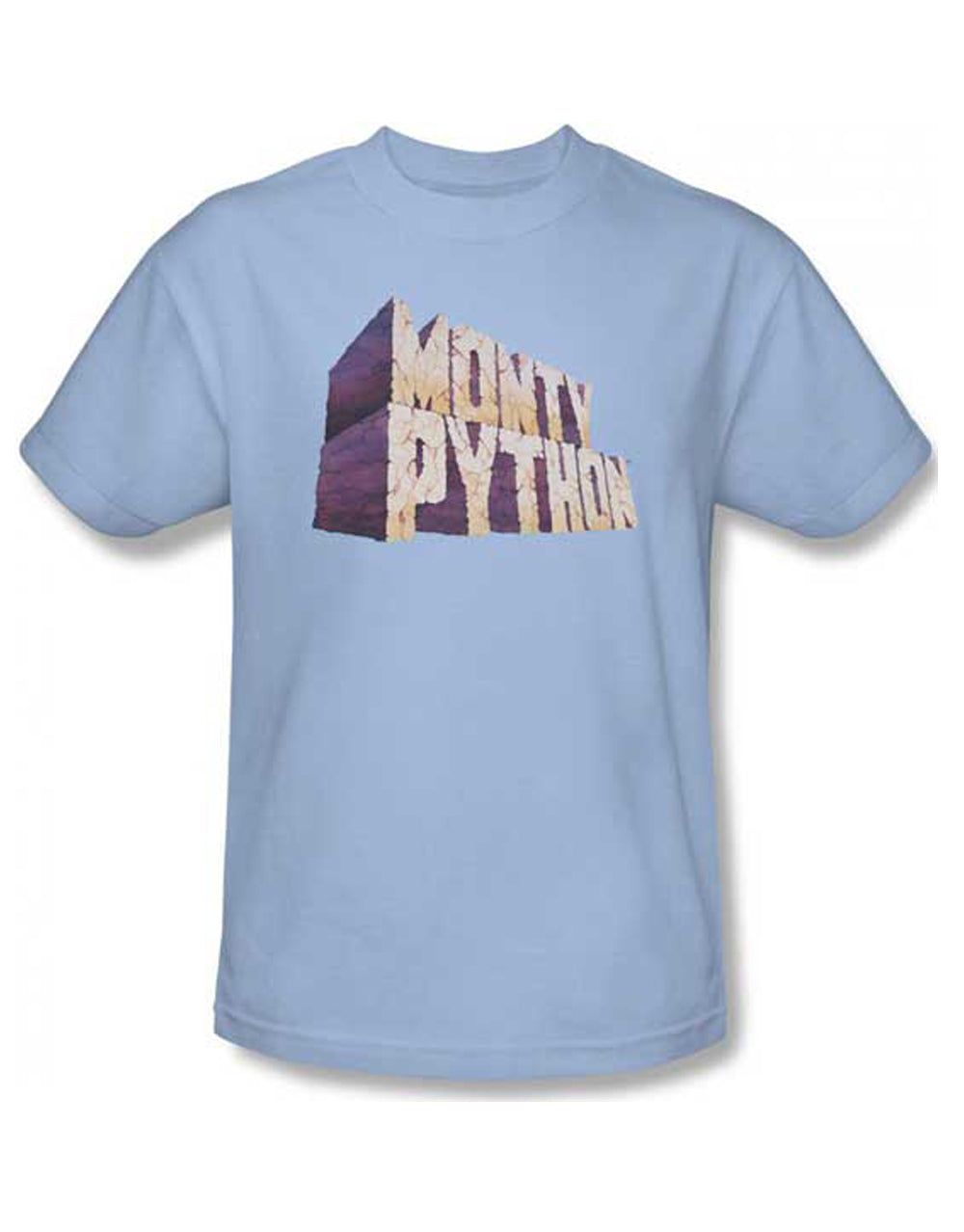 Monty Python stone logo graphic on a light blue adult t-shirt.
