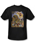 Monty Python meaning of life graphic on a black adult t-shirt.