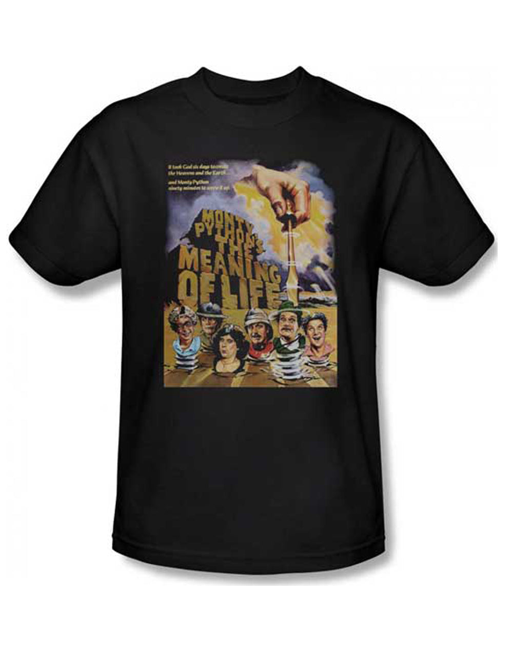Monty Python meaning of life graphic on a black adult t-shirt.