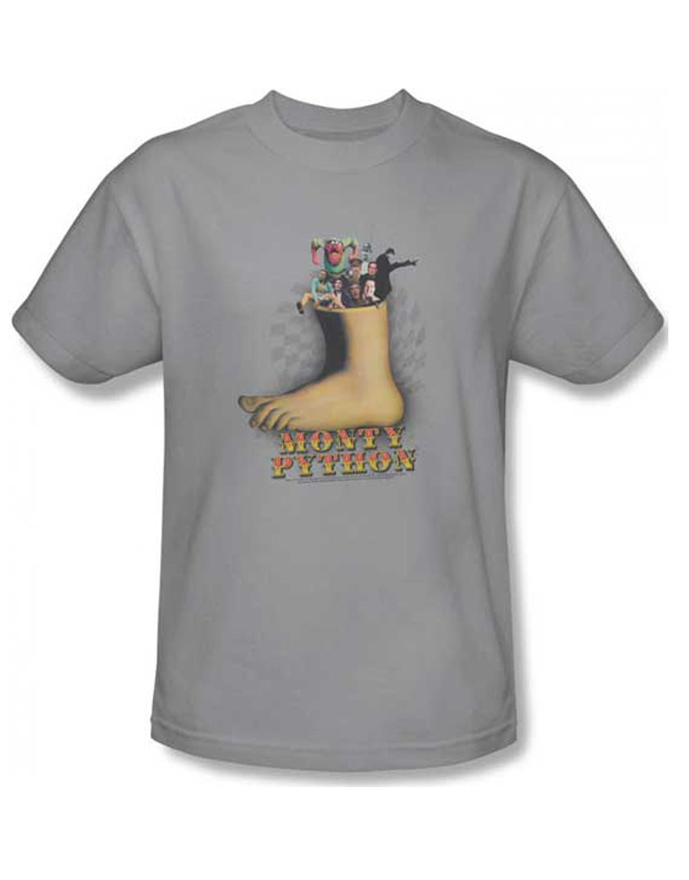 Monty Python foot graphic on a silver grey adult t-shirt.