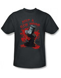 Monty Python flesh wound graphic on a charcoal grey adult t-shirt.