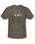 Monty Python tea and biscuits graphic on a safari green adult t-shirt.