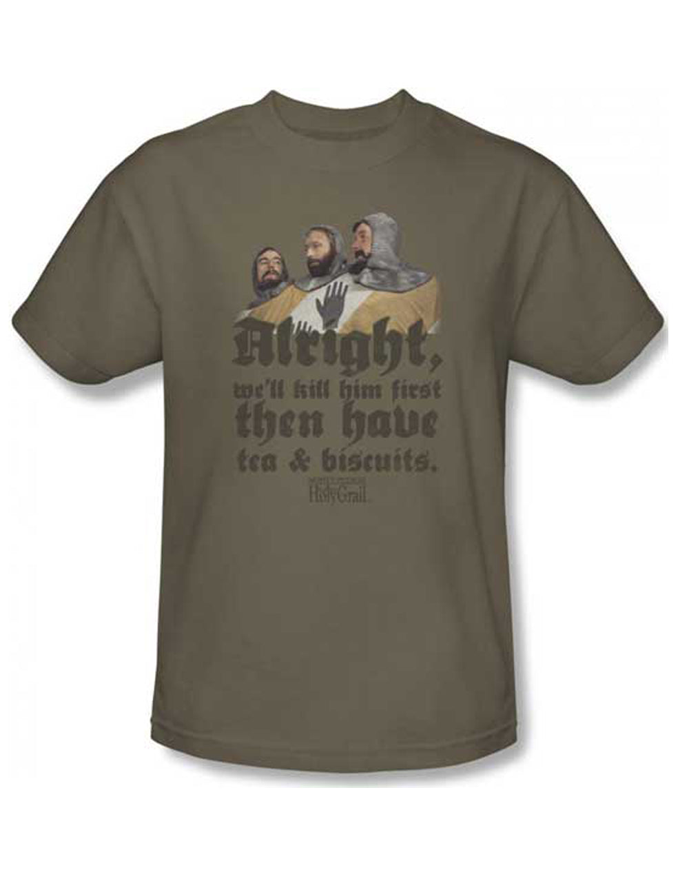 Monty Python tea and biscuits graphic on a safari green adult t-shirt.