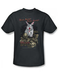 Monty Python run away graphic on a charcoal adult t-shirt.