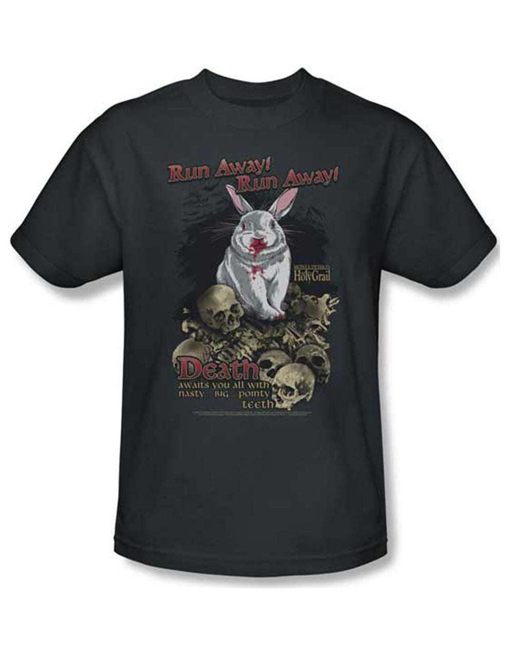 Monty Python run away graphic on a charcoal adult t-shirt.