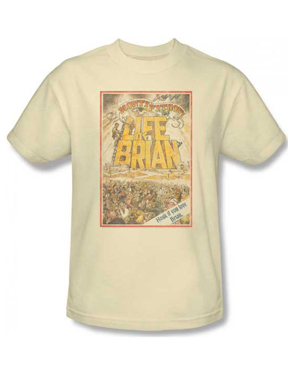 Monty Python Brian poster graphic on a cream adult t-shirt.