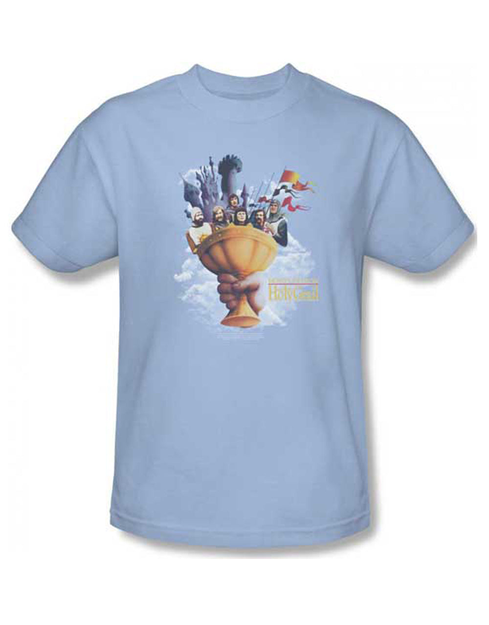 Monty Python holy Grail graphic on a light blue adult t-shirt.