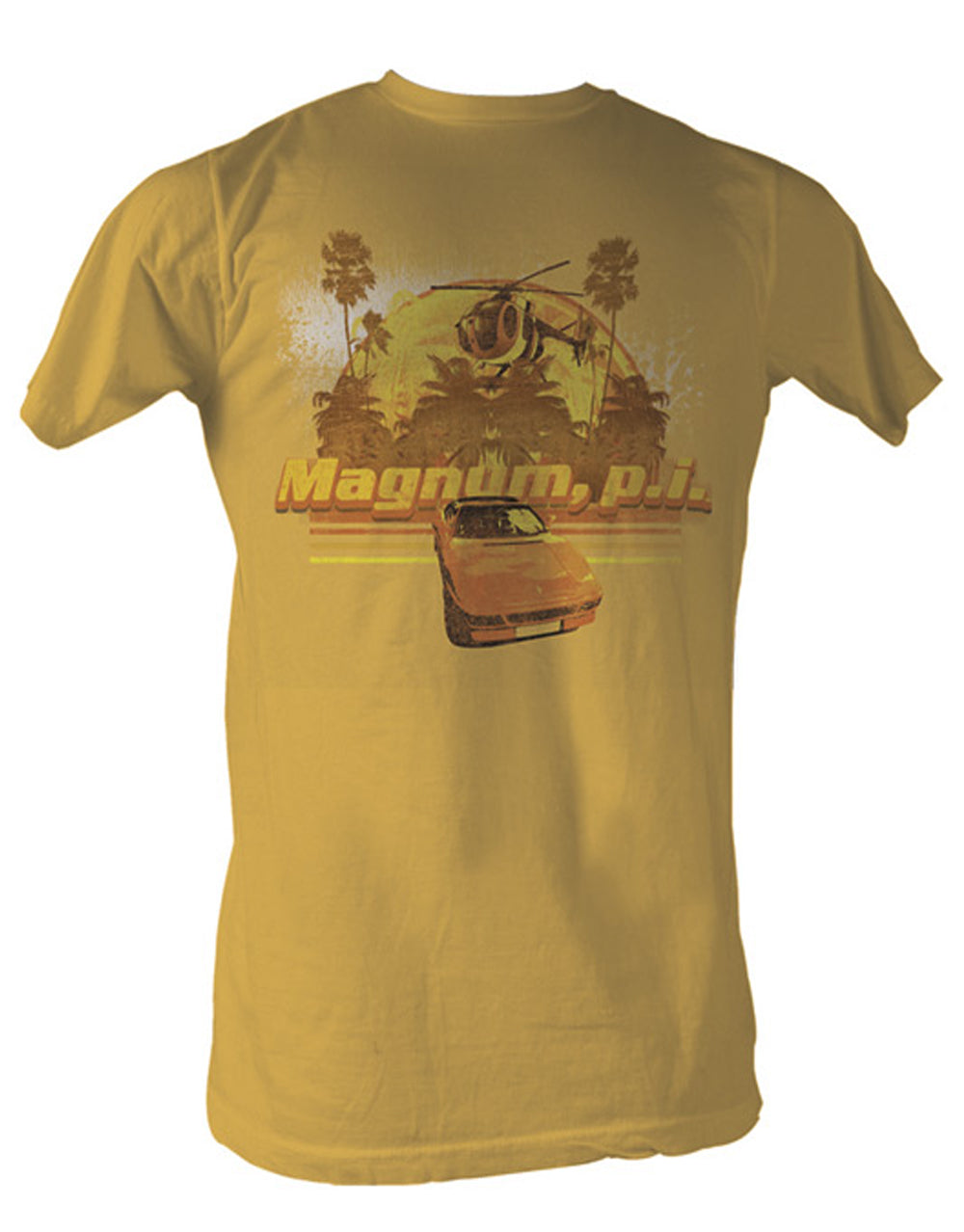 Magnum P.I. beach graphic on a gold adult t-shirt.
