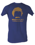 Magnum P.I. Thomas Magnum stache graphic on a heathered blue adult t-shirt.