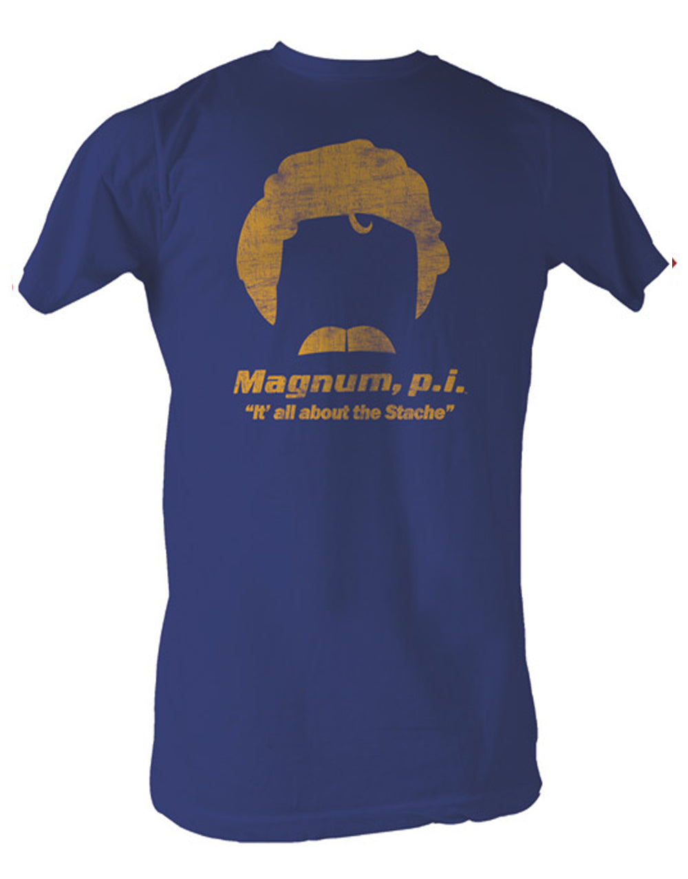 Magnum P.I. Thomas Magnum stache graphic on a heathered blue adult t-shirt.