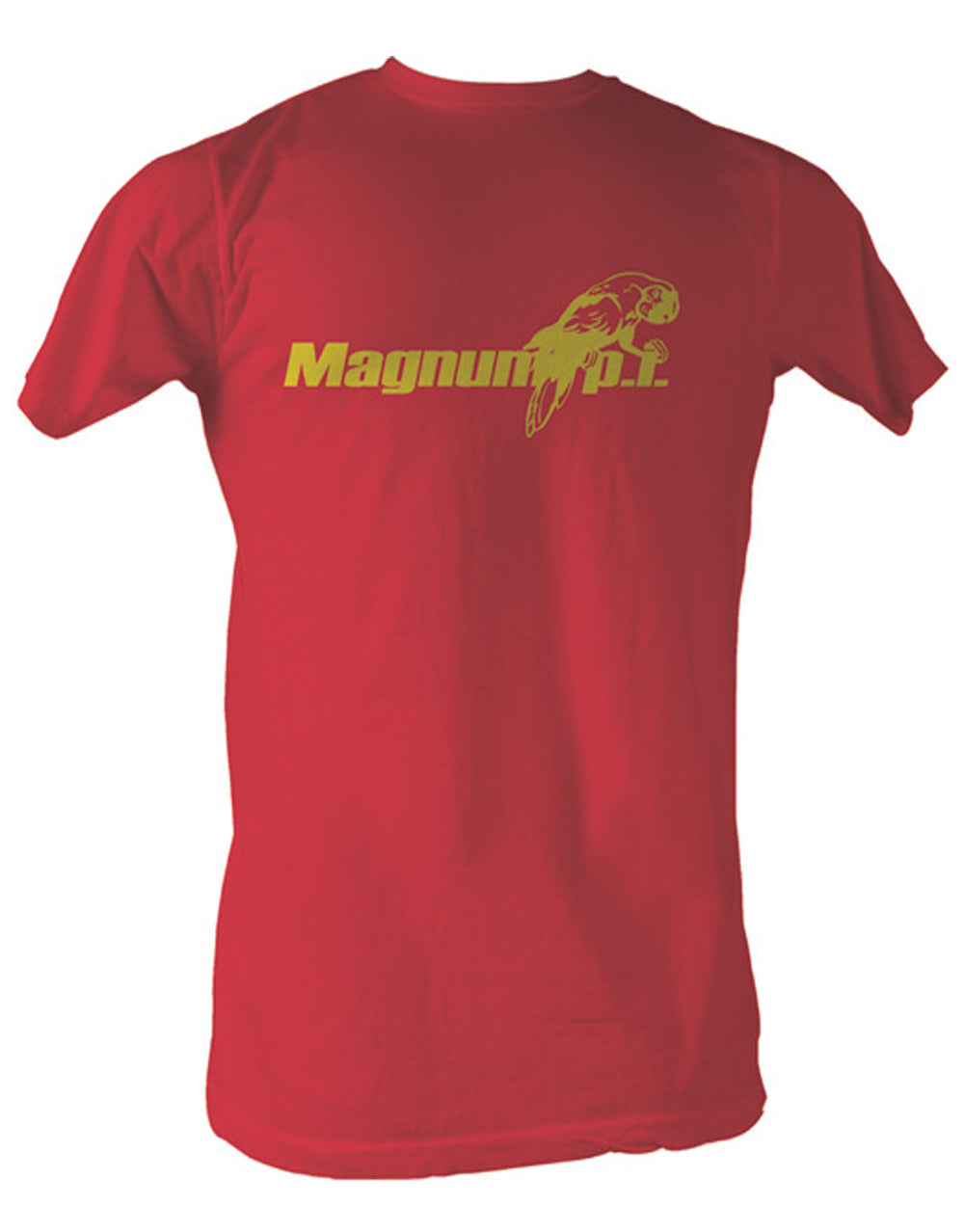 Magnum P.I. logo parrot graphic on a red adult t-shirt.