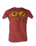 Magnum P.I. sunglasses and moustache graphic on a heathered red adult t-shirt.