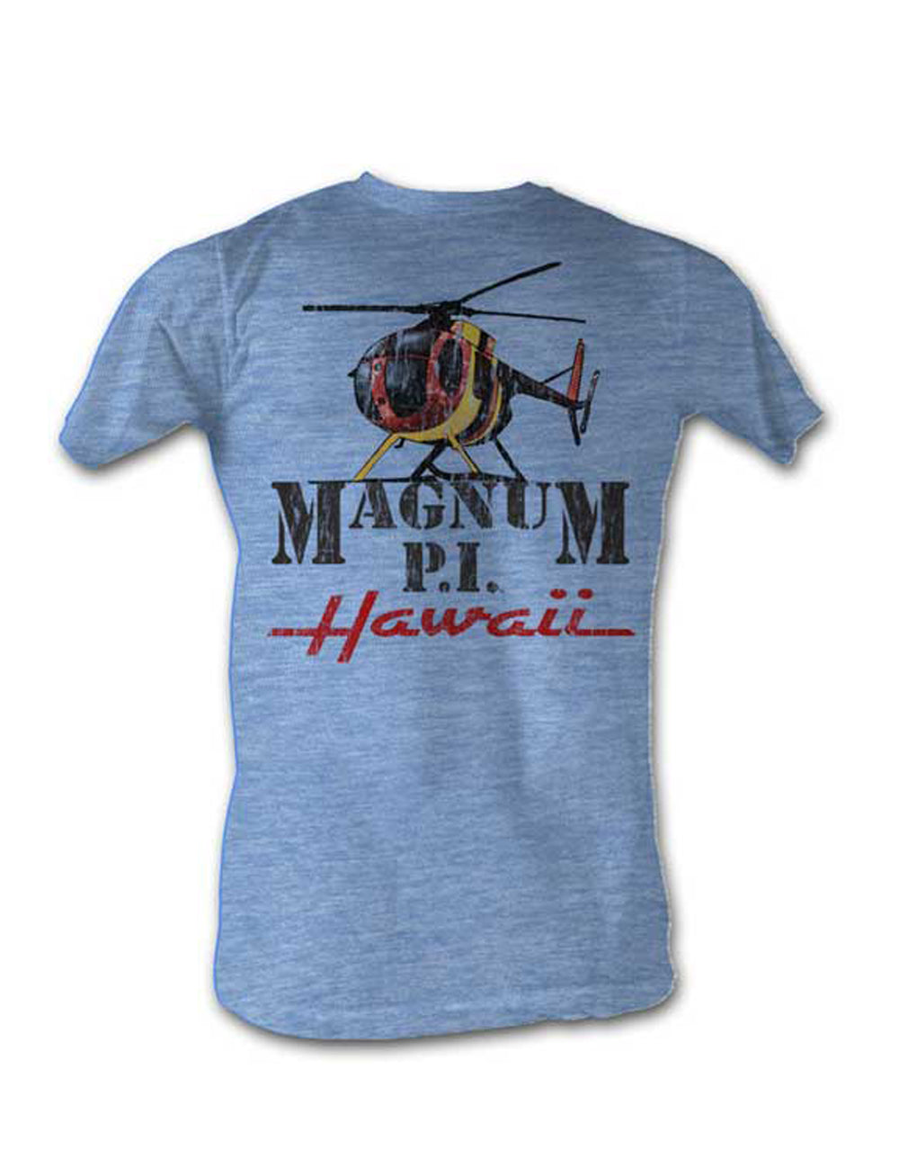 Magnum P.I. Hawaii graphic on a heathered blue adult t-shirt.