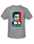 Mr Bean poster graphic on a silver grey adult t-shirt.