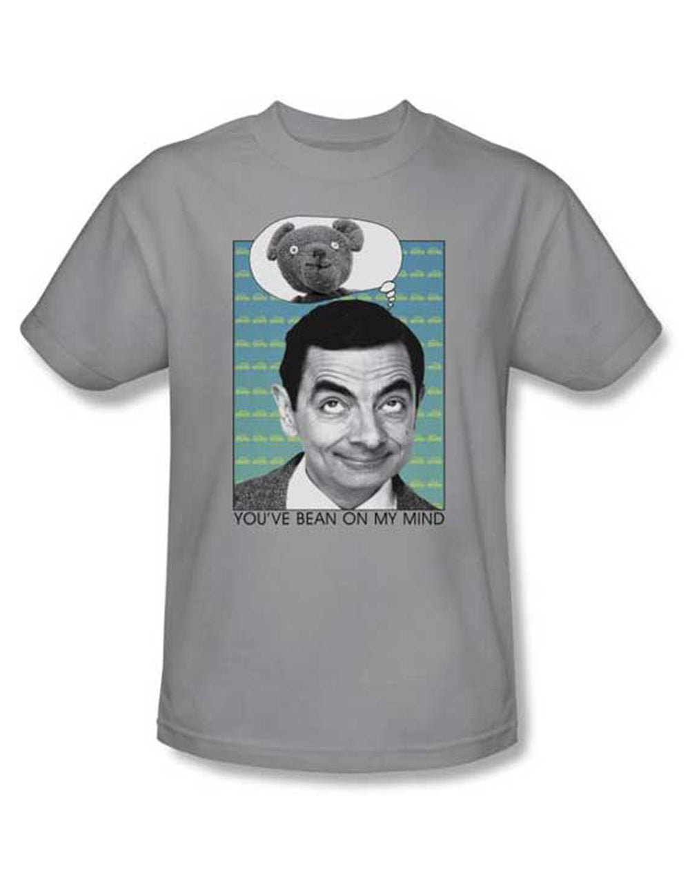 Mr Bean on my mind graphic on a silver grey adult t-shirt.