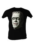 The Munsters Herman Munster frankinsmile graphic on a black adult t-shirt.