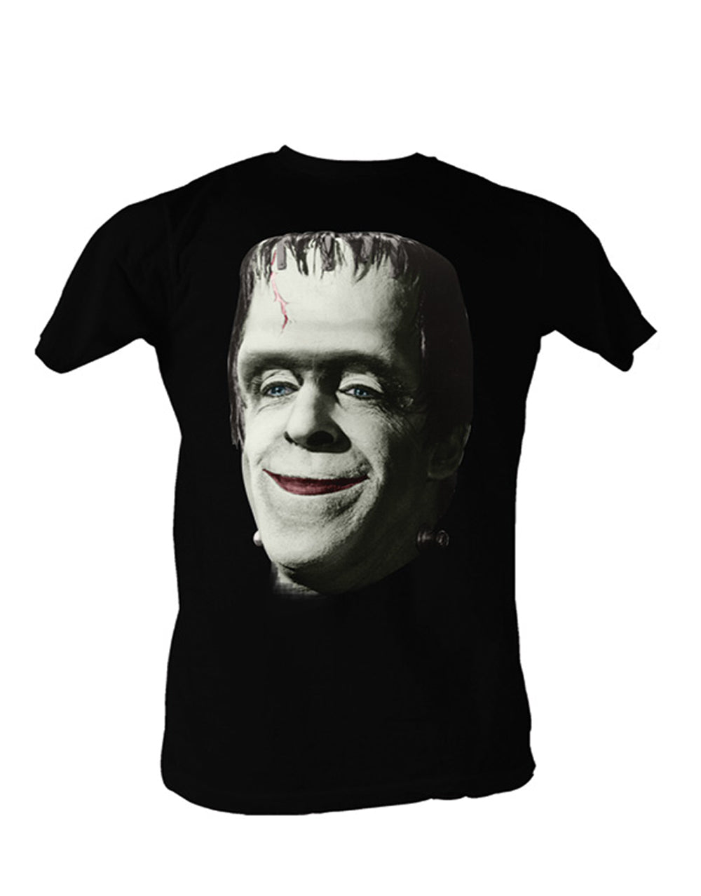 The Munsters Herman Munster frankinsmile graphic on a black adult t-shirt.