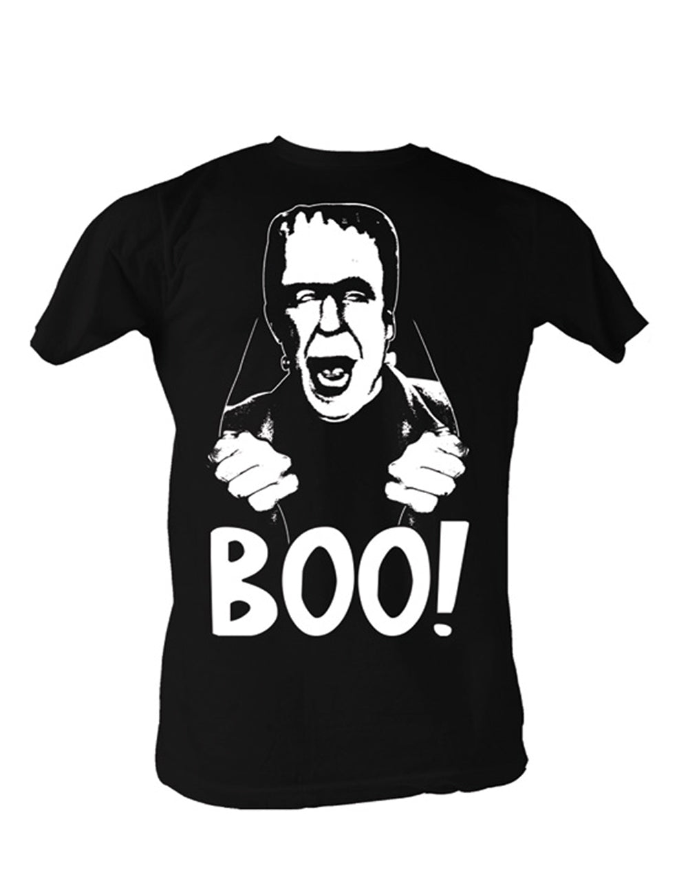 The Munsters boo graphic on a black adult t-shirt.