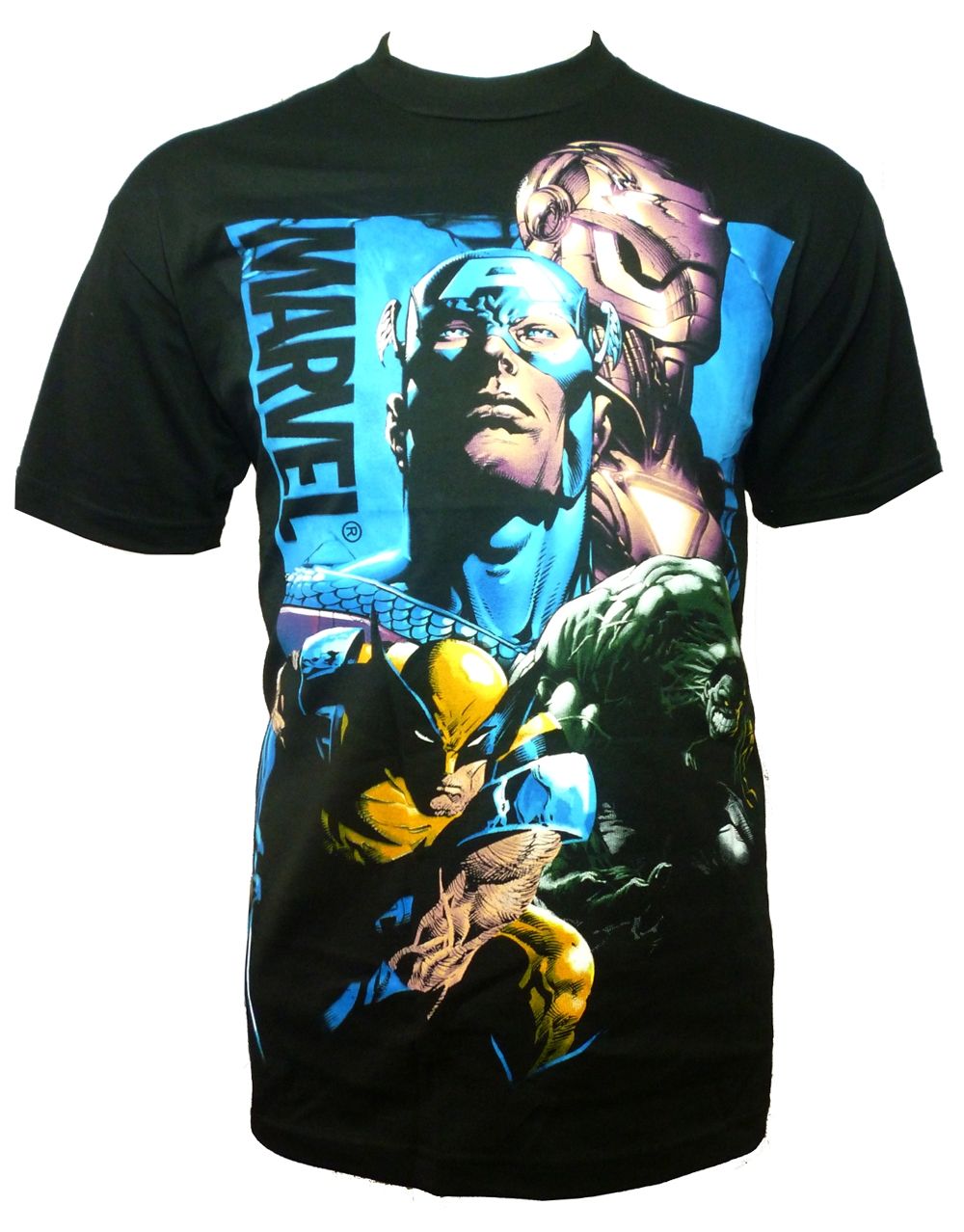 Marvel Avengers backlot four graphic on a black adult t-shirt.