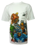 Marvel Avengers group shot graphic on a white adult t-shirt.