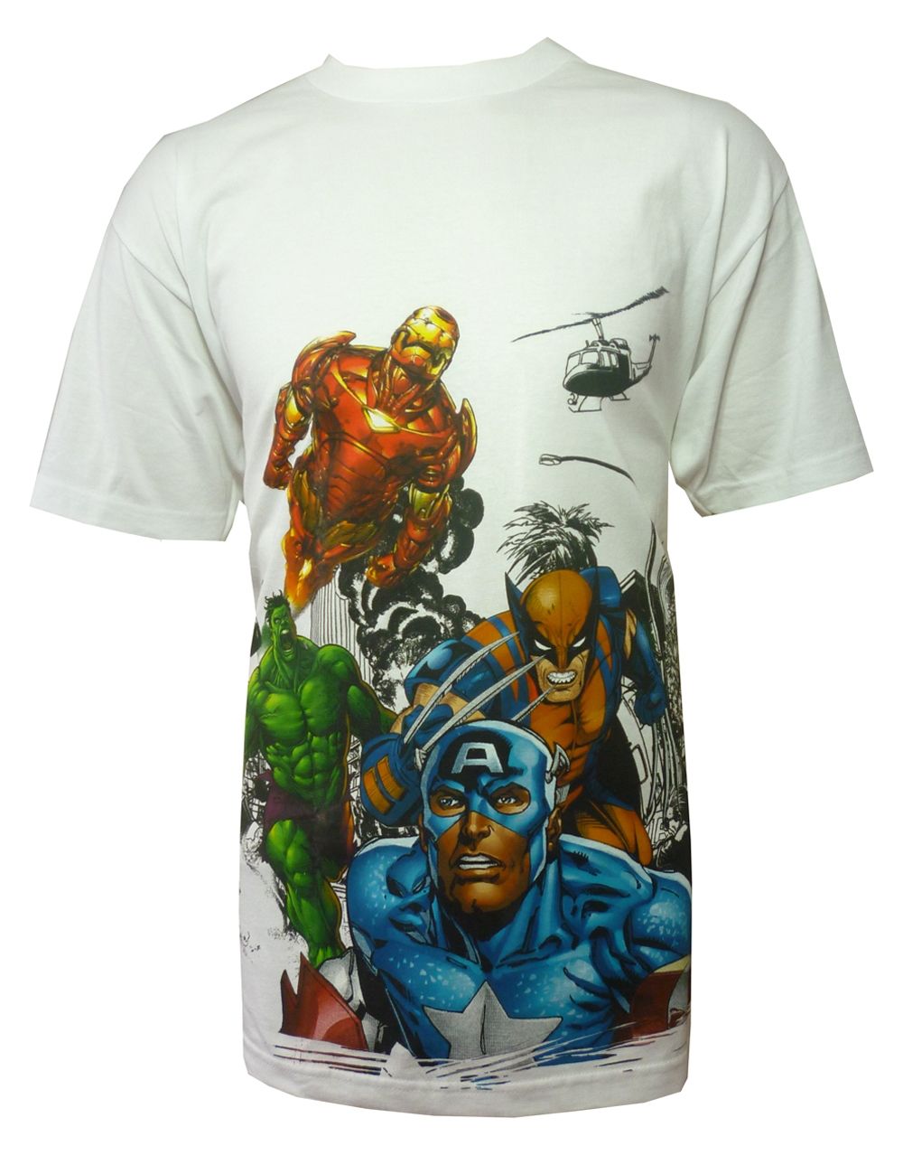 Marvel Avengers group shot graphic on a white adult t-shirt.