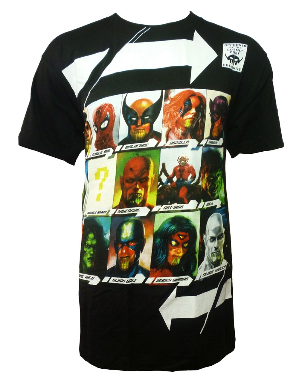 Marvel Avengers skrull faces graphic on a black adult t-shirt.