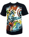 Marvel Avengers spiral bound graphic on a black adult t-shirt.