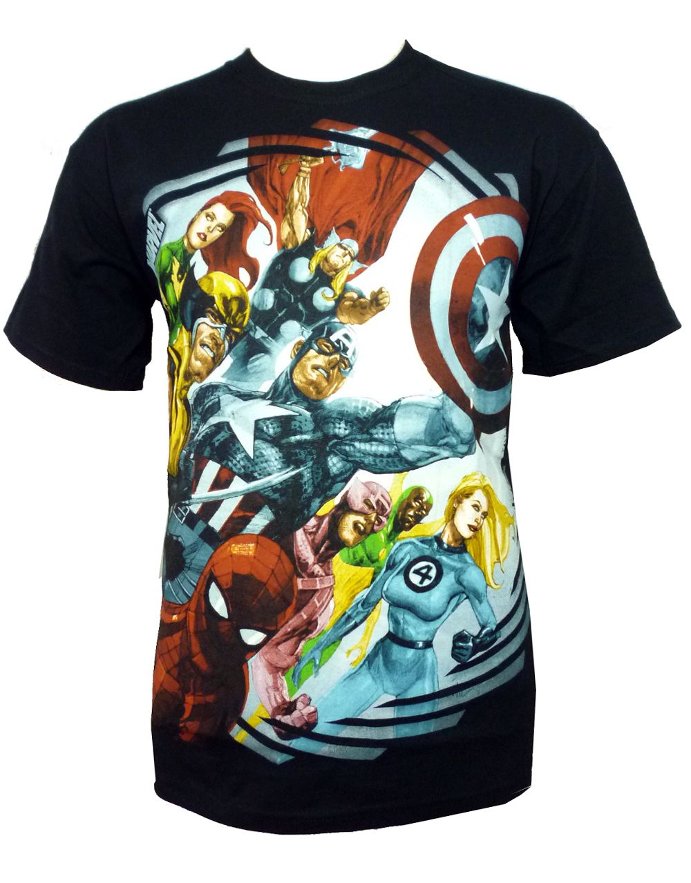 Marvel Avengers spiral bound graphic on a black adult t-shirt.