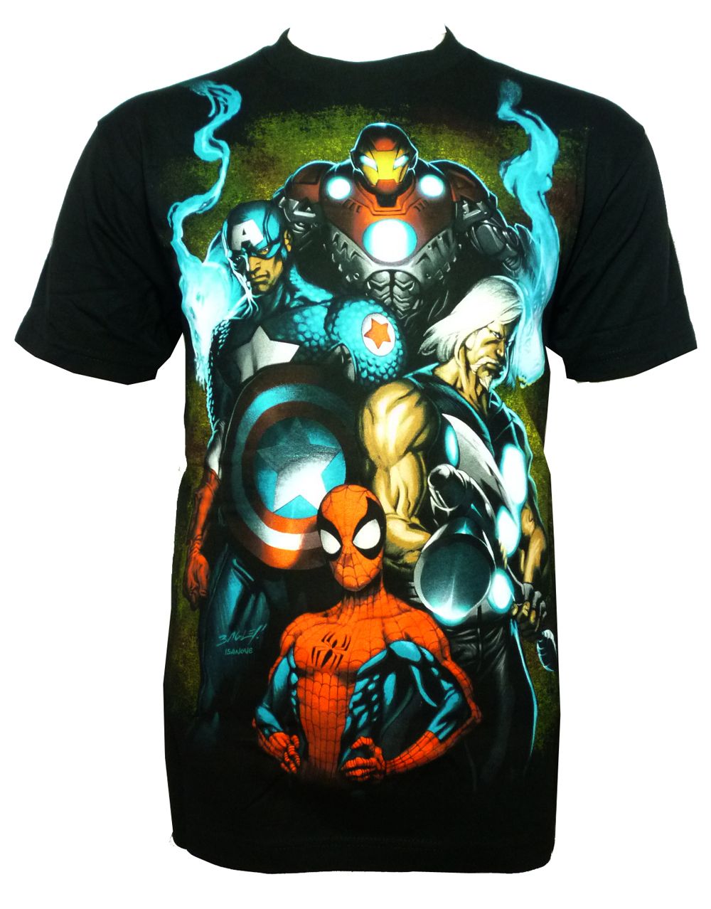 Marvel Avengers ultimates graphic on a black adult t-shirt.