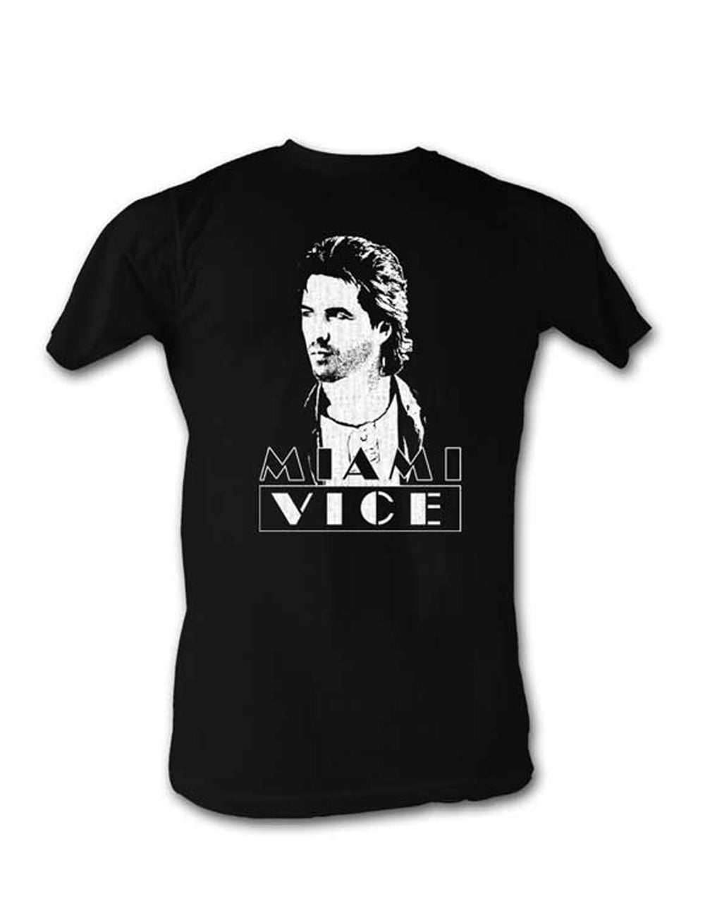 Miami Vice Sonny face graphic on a black adult t-shirt.