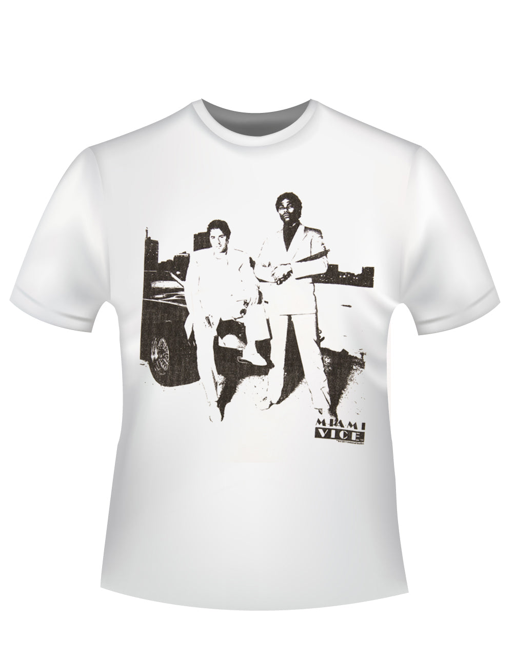 Miami Vice Crockett and Tubbs graphic on a white adult t-shirt.