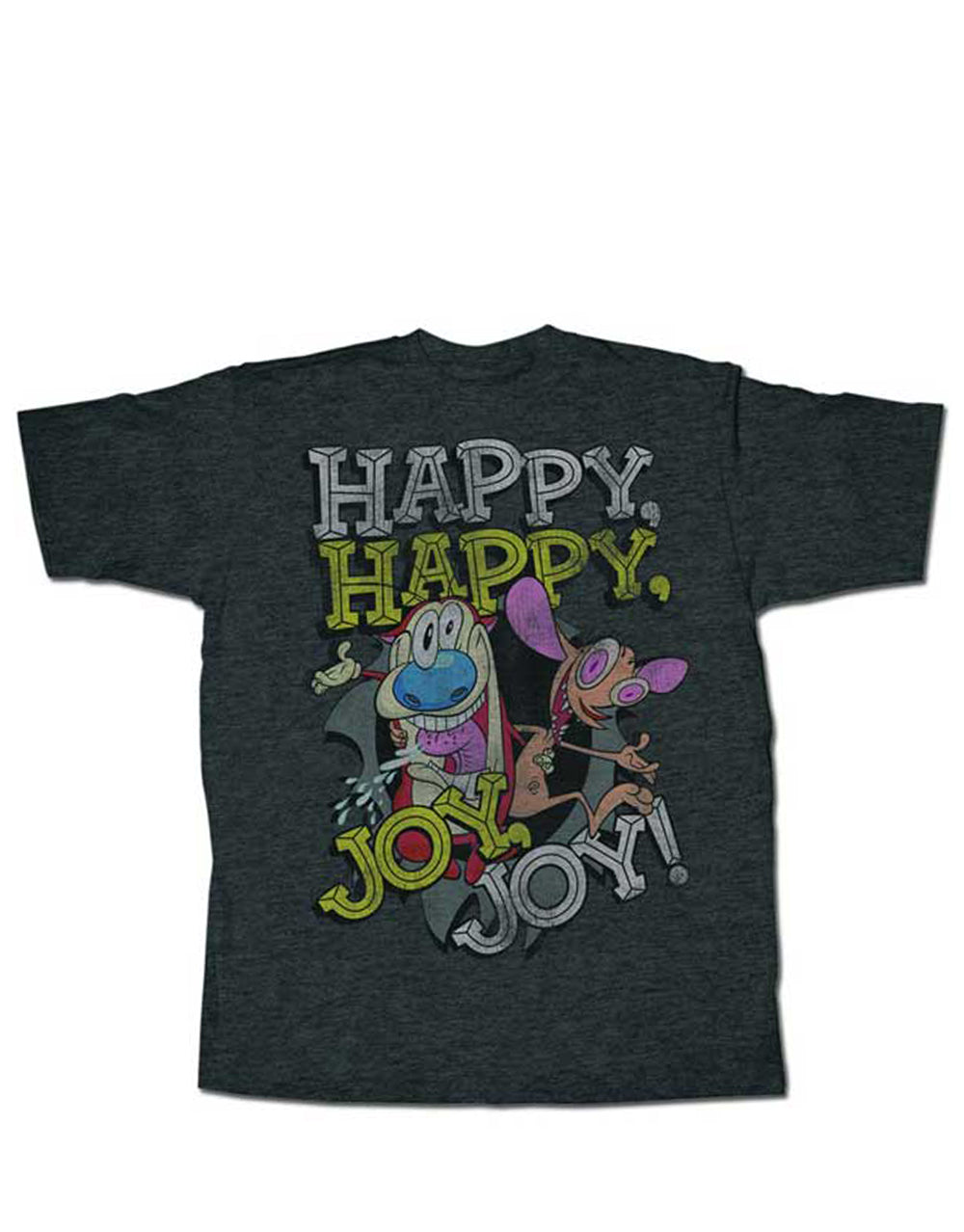 Ren & Stimpy hopping joy graphic on a heathered dark grey adult t-shirt.