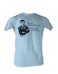 The Office superstitious graphic on a sky blue adult t-shirt.