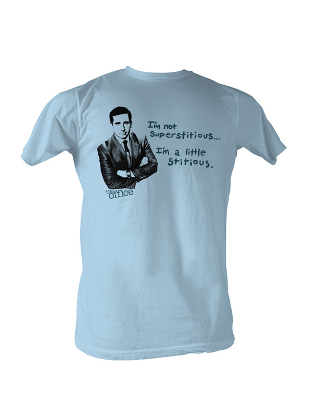 The Office superstitious graphic on a sky blue adult t-shirt.
