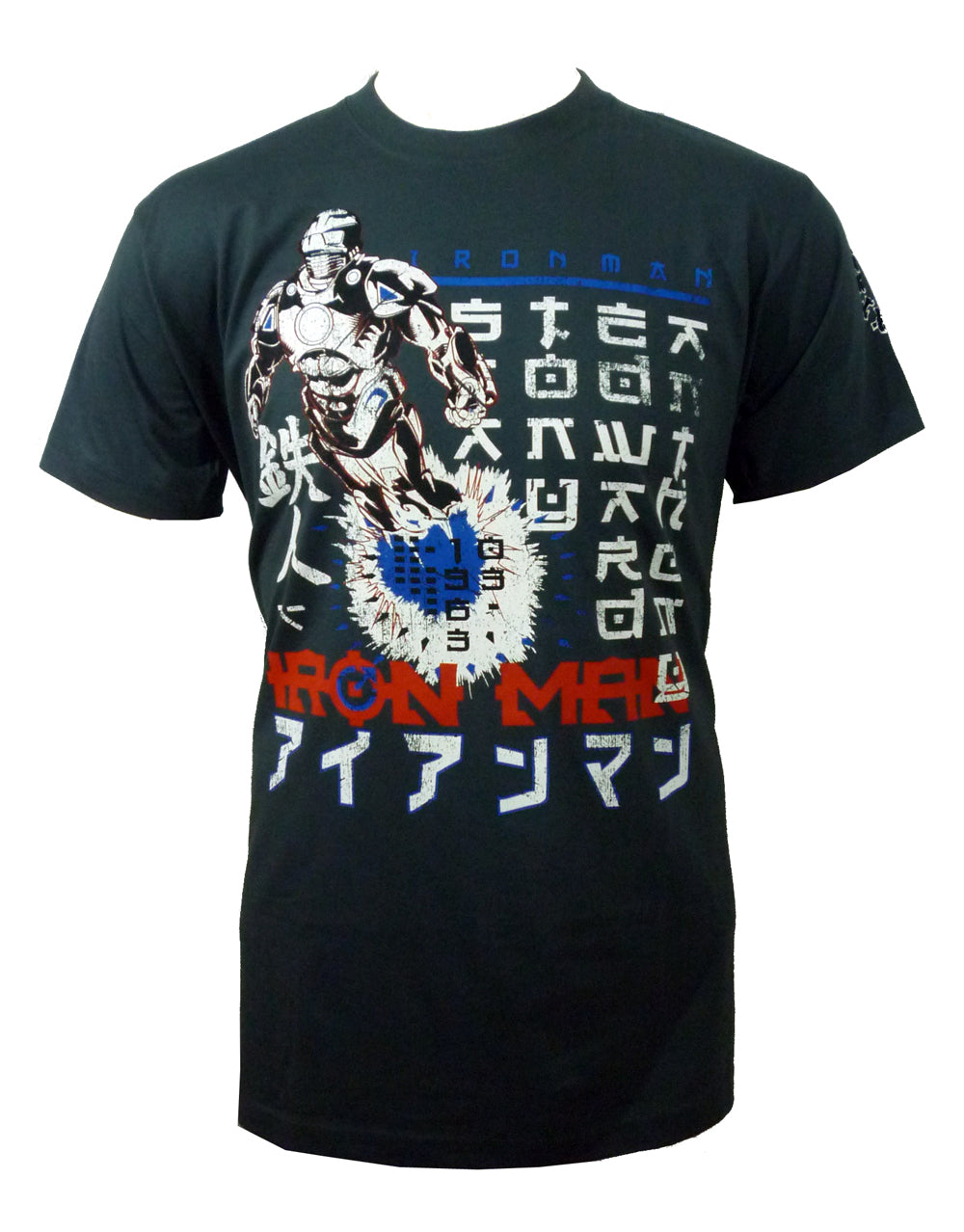 Iron Man rocket graphic on a dark grey adult t-shirt.
