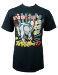 Spider-Man crouch graphic on a dark grey adult t-shirt.