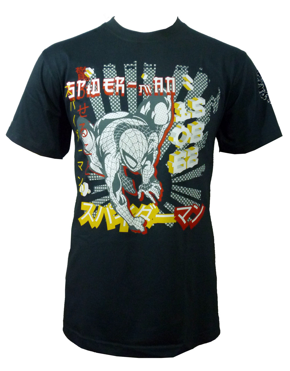 Spider-Man crouch graphic on a dark grey adult t-shirt.
