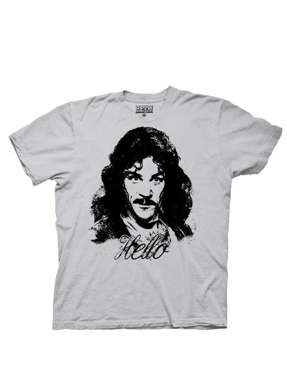 Inigo hello graphic on a grey adult t-shirt.