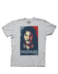 Prepare to die graphic on a grey adult t-shirt.