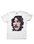 Inigo hello sticker collage graphic on a white adult t-shirt.