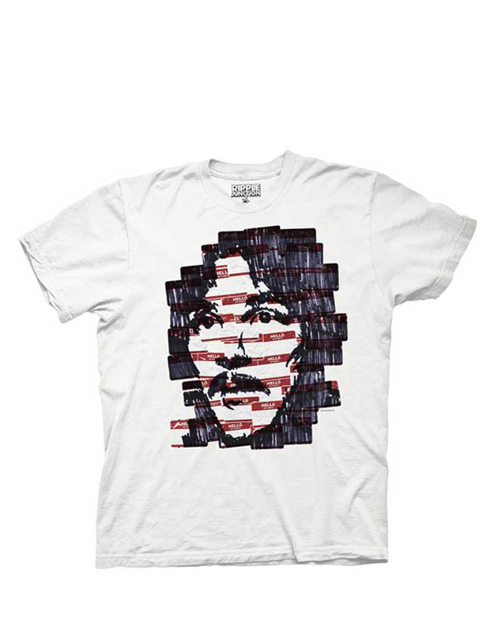 Inigo hello sticker collage graphic on a white adult t-shirt.