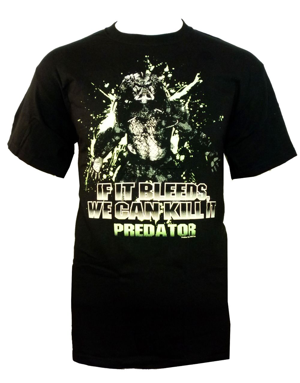 Predator "If it bleeds we can kill it" movie quote graphic on a black adult t-shirt.