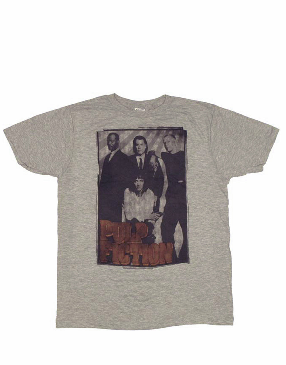 Pulp Fiction group shot graphic on a light grey heathered adult t-shirt.